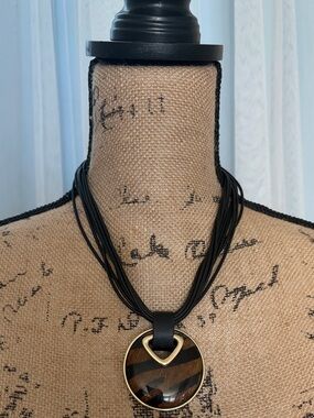 Chico's Black Multi-Strand Necklace with Brown & Gold Pendant